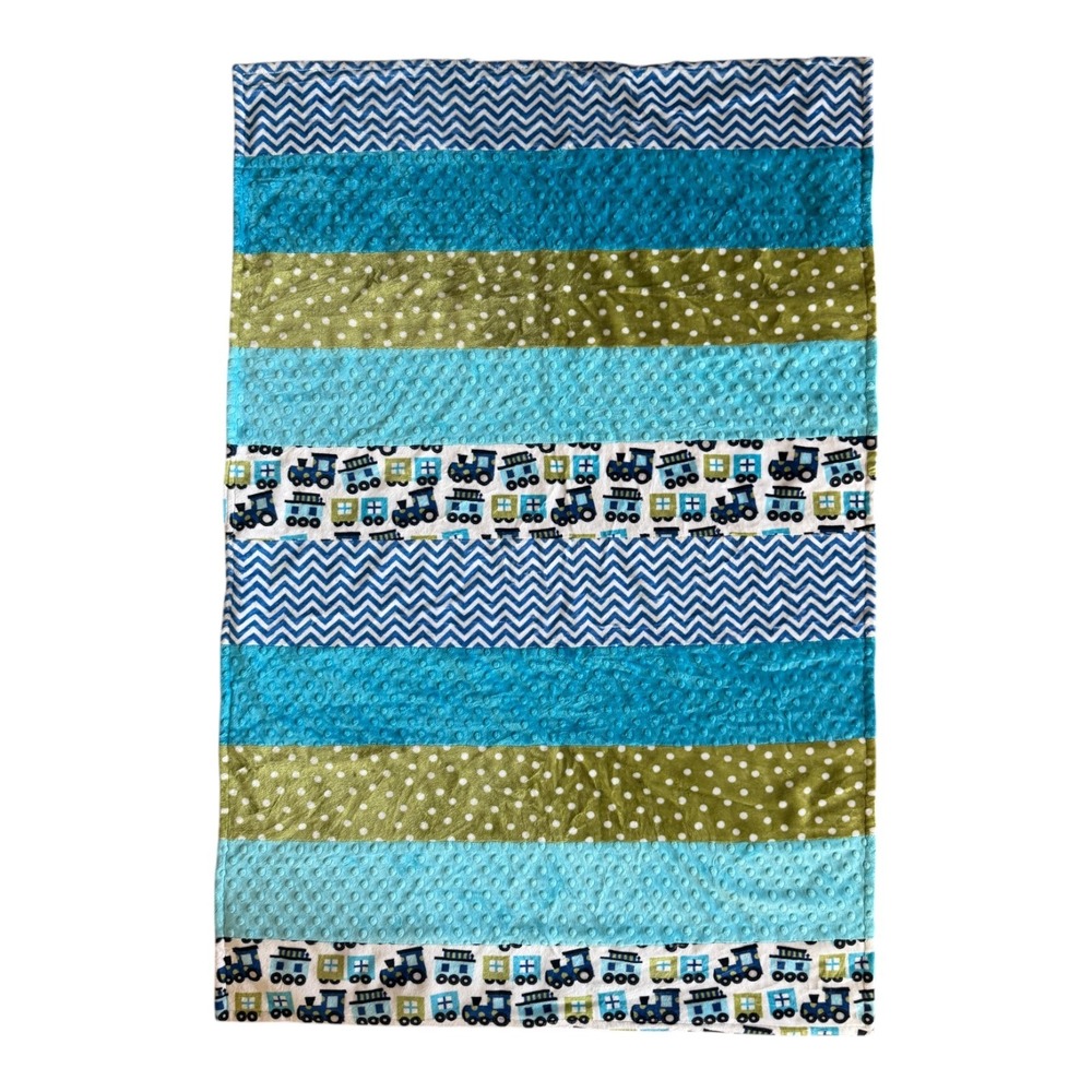 Handmade Train Patchwork Minky Baby Blanket -Blue/Green - 51"x34"